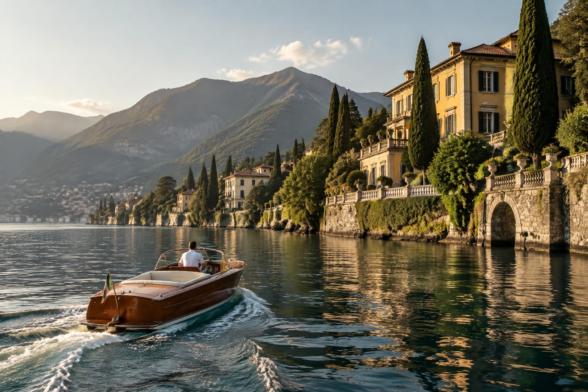 A classic boat cruising past villas on Lake Como